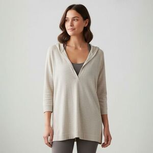 Eileen Fisher Hooded Tunic Top Small Organic Cotton Cashmere V-Neck Sweater